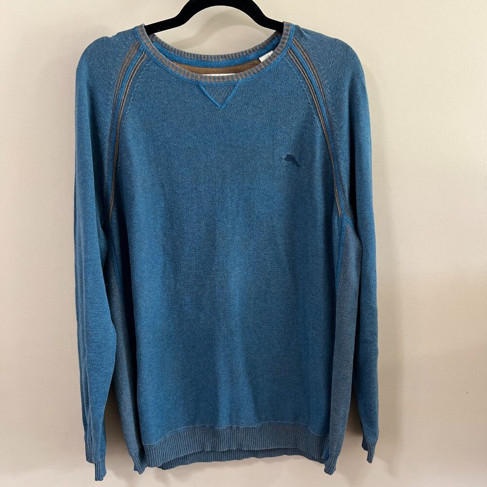 Tommy Bahama Men Lightweight Crew Neck Sweater Embroidered Marlin Blue Brown LG